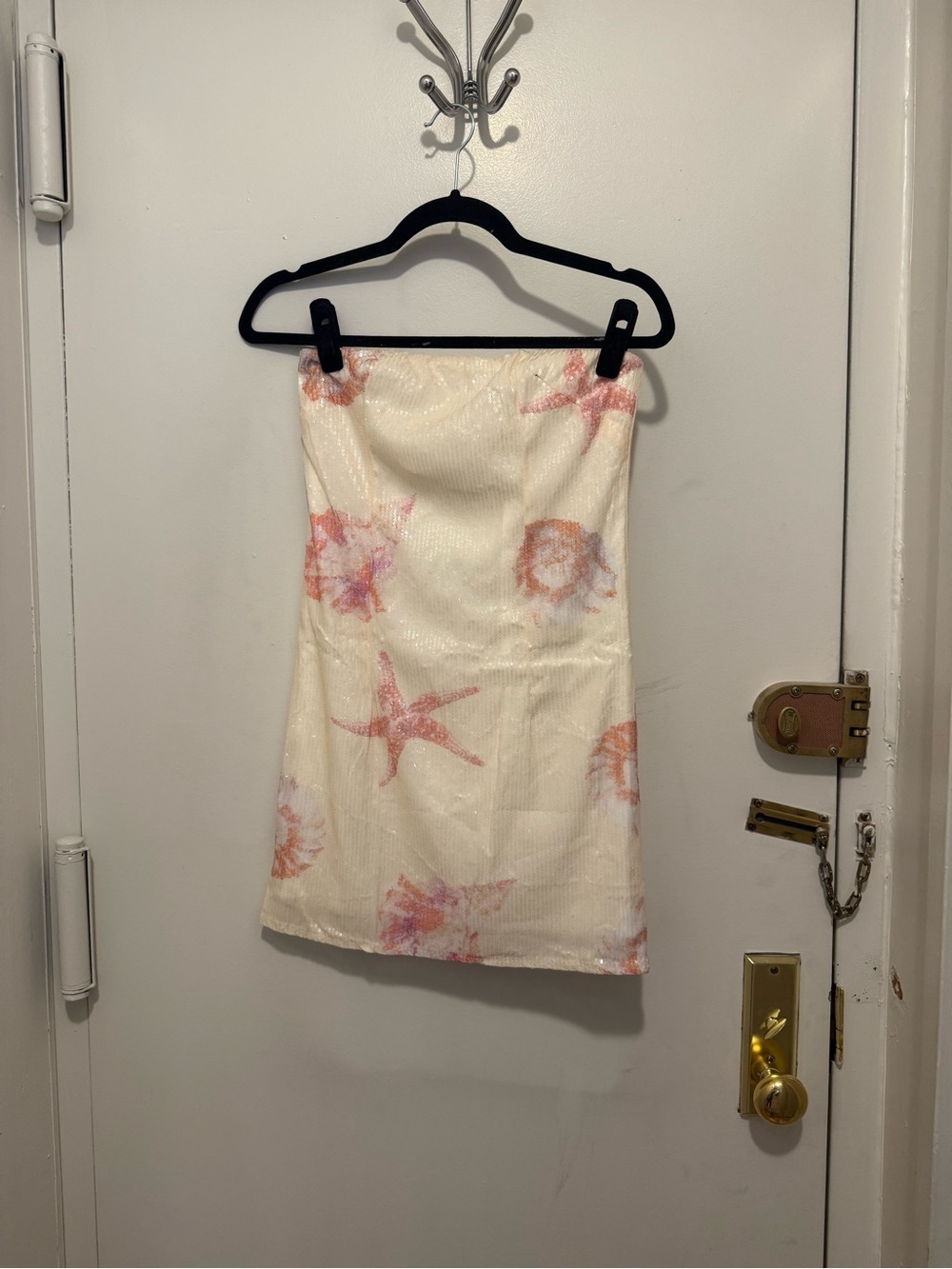 Strapless Sequin Shell Print Mini Dress - Cream & Pink